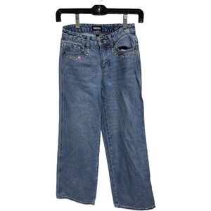 KatieJNYC Bow Pocket Wide Leg Denim Jeans Floral Embroidered Retro Girls 14